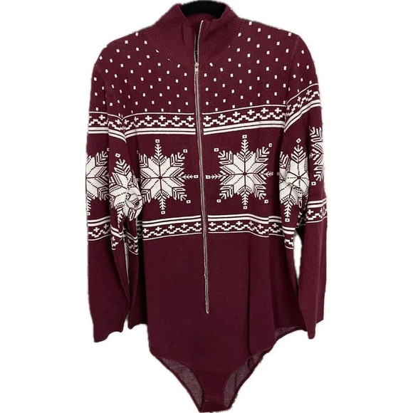 FTF +4 Maroon Fair Isle Snowflake Pattern Zip Front Long Sleeve Sweater Bodysuit - Picture 2 of 4